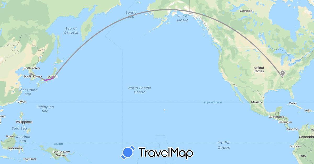 TravelMap itinerary: driving, plane, train in Japan, South Korea, United States (Asia, North America)
